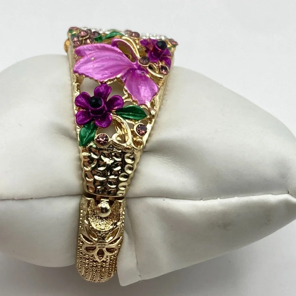 Strada Womens Watch Gold Tone Purple Floral Crystals Cuff 26mm New Battery 6.75